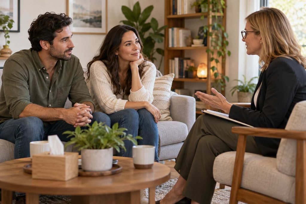A couple meeting with a therapist — near “When couples therapy may help.”