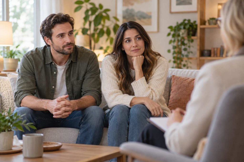Therapist guiding a discussion — “A therapist helps a couple talk through relationship concerns”