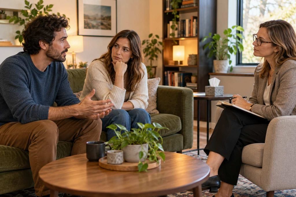 Partner sharing their perspective — “A partner speaks while the therapist listens”
