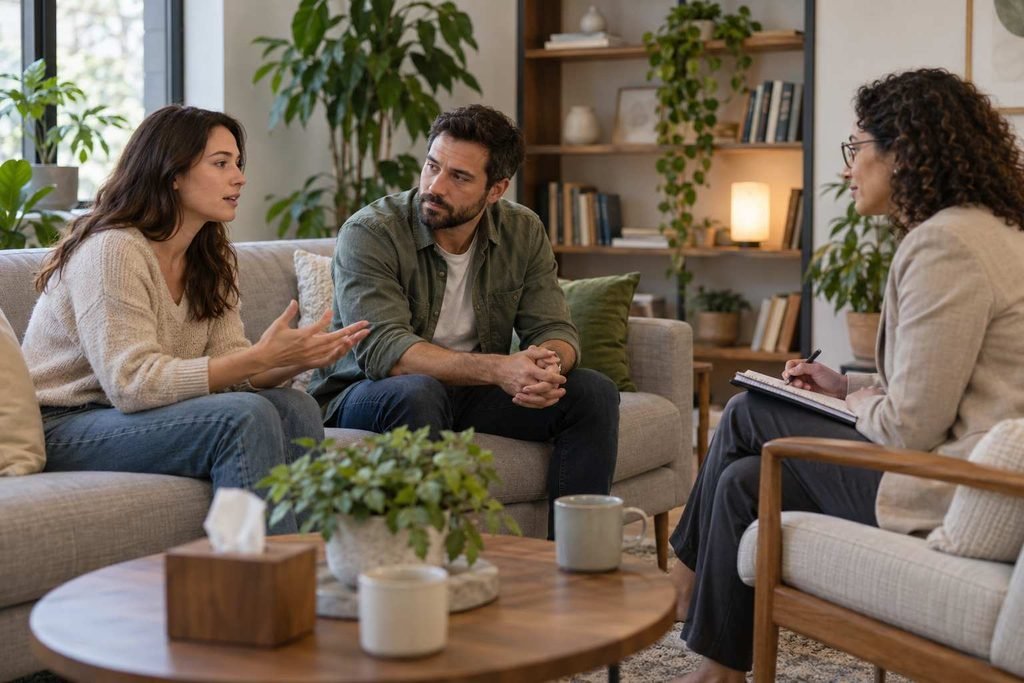 Couple meeting their therapist — “A couple attends their first couples therapy session”