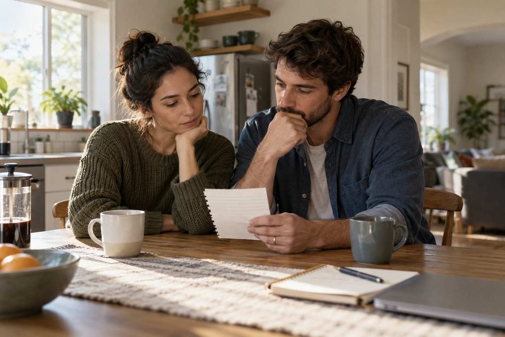Preparing together at home — “A couple reviews goals before their first therapy appointment”