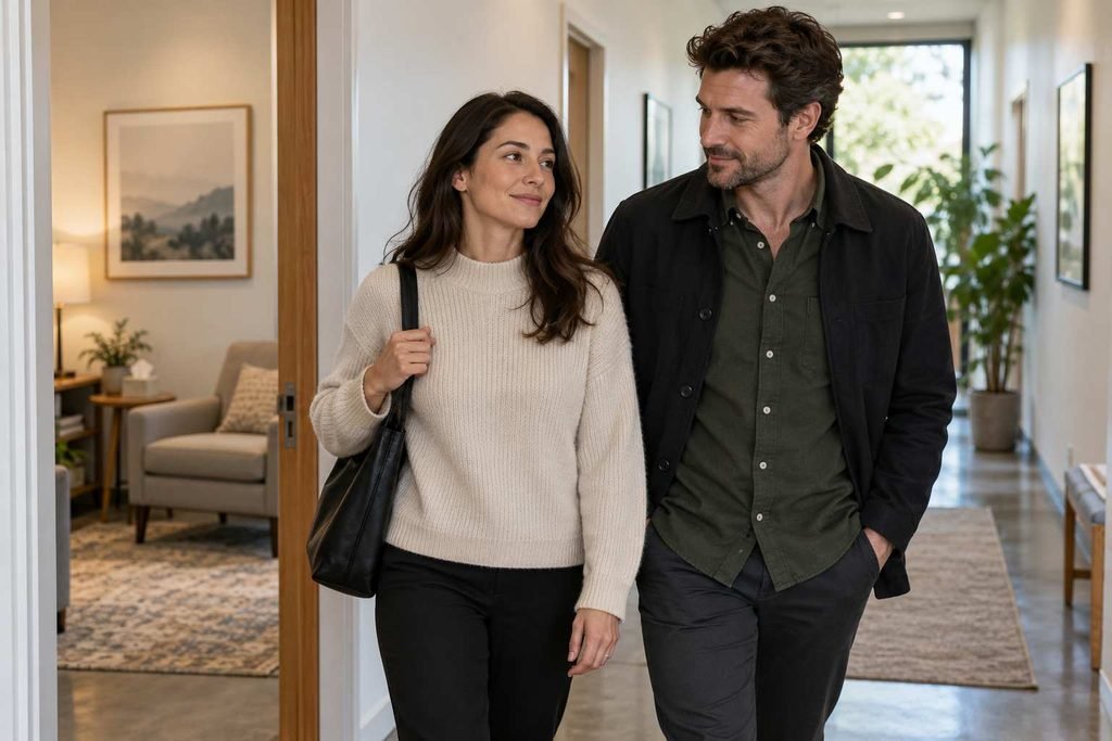 1. Leaving the therapy office — “A couple leaves their first therapy session”