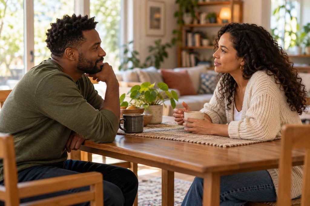 Couple having a calm conversation at home over a table