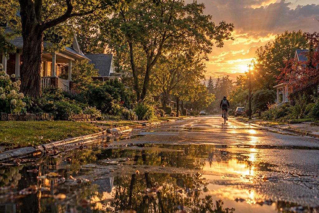 Rain-wet neighborhood street glowing in the late afternoon light.