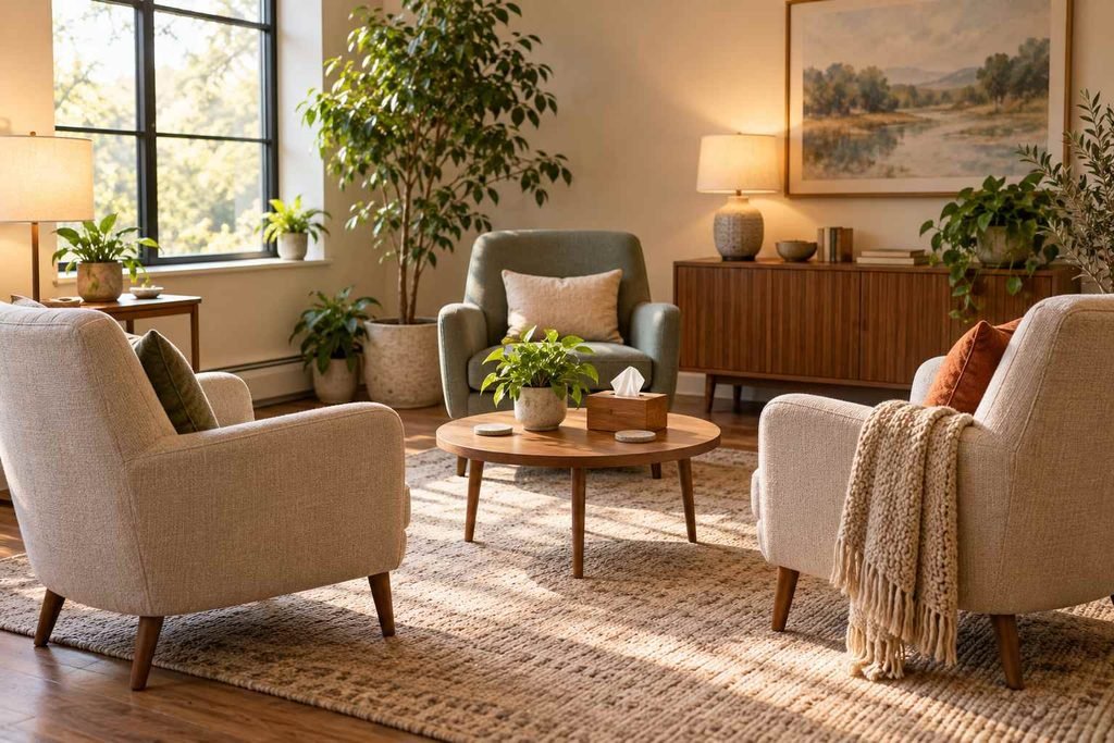 Calm couples therapy room with comfortable chairs and natural light